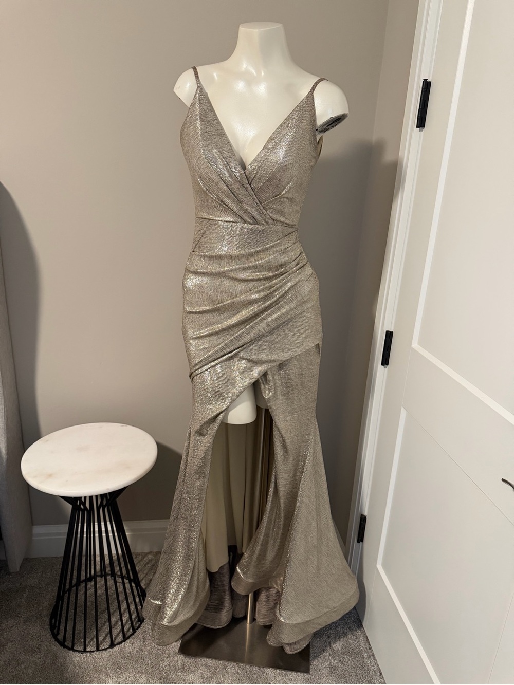 Jovani Metallic Champagne High-Low Gown